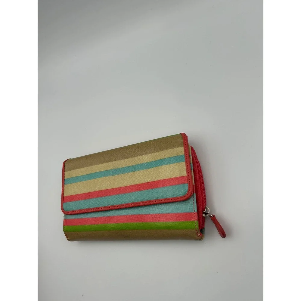 Multicolor Striped Trifold Zip Around Wallet Red Teal Tan Canvas Organizer